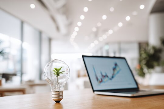 Innovation and sustainability concept with plant in light bulb and business laptop in modern office