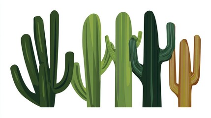 A vibrant illustration of five saguaro cacti of varying heights and shades of green and brown, set against a white background.