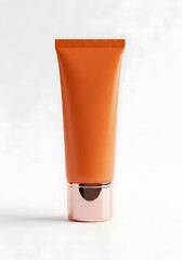 Orange tube with rose gold cap for cosmetics or skincare product mockup on white background