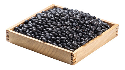 A small wooden box filled with dark black beans isolated on transparent background