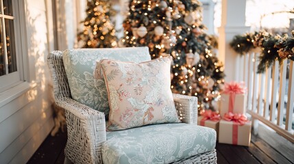 Cozy outdoor scene with decorated christmas tree and festive chair on porch