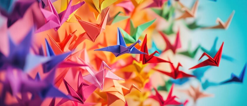 Colorful paper origami cranes in flight artistic background