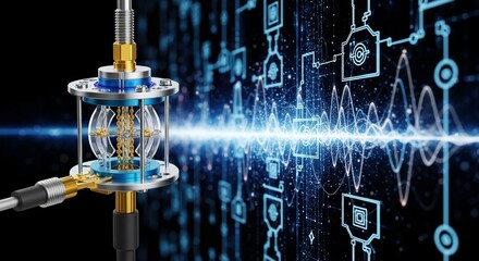 Close-up of a quantum bits spin measurement device with blurred quantum logic gates and data streams, showcasing advanced technology for scientific and tech industries