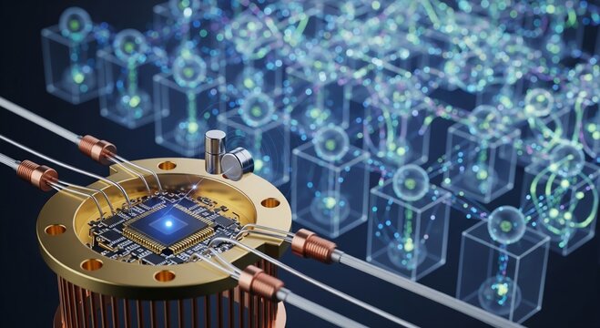 Close-up of a quantum bits spin measurement device with blurred quantum logic gates and data streams, showcasing advanced technology for scientific and tech industries
