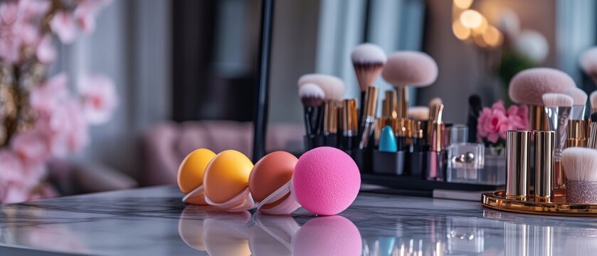 Pastel eggs and makeup sponges on marble vanity