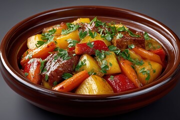 Rustic Beef Stew with Potatoes and Carrots in Clay Pot
