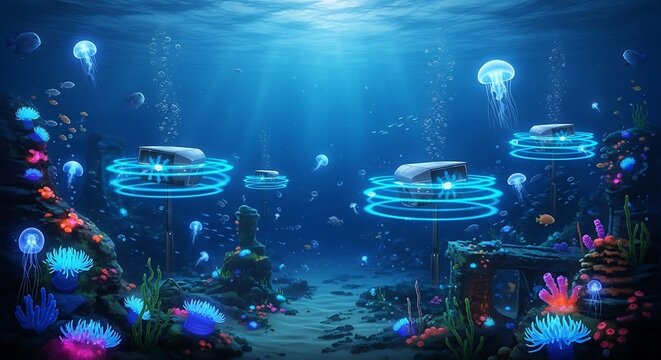 Futuristic underwater technology interfaces with vibrant marine life, exploring ocean innovation - Powered by Adobe