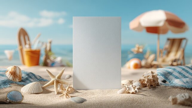 Beach scene with blank card, seashells, and sunbathing essentials