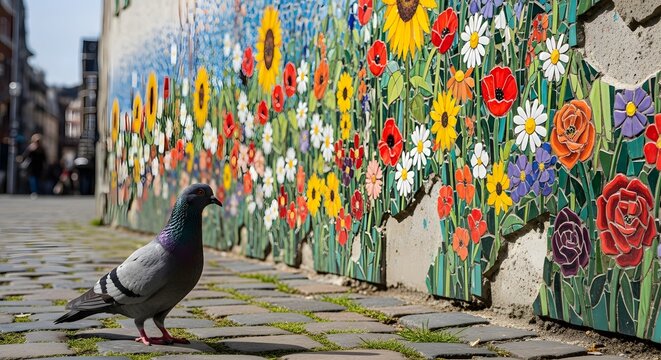 Pigeon standing near a flower mosaic wall in an urban environment on cobblestone street