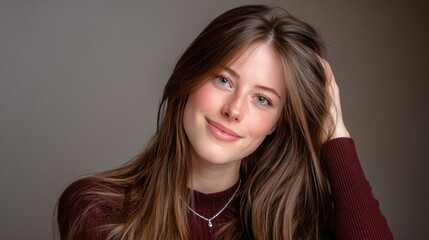 Fototapeta premium A woman with curly hair in a burgundy sweater softly lit, gently resting her hand on her stomach