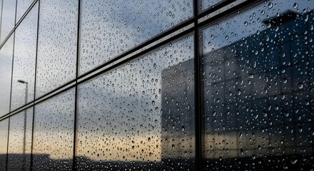 Rainy day on glass building with water droplets and reflections of the sky outside view