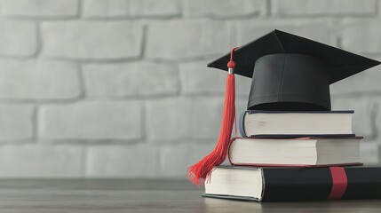 Graduation cap and diploma mockup, stacked books, academic success, 
