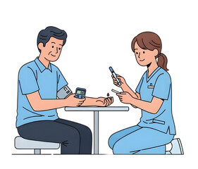 Friendly nurse helping patient check blood sugar with modern glucose meter for health awareness and diabetes prevention campaign Isolated On Transparent or White Background, png.