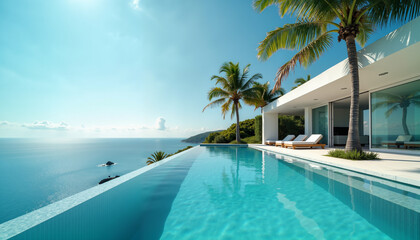 Fototapeta premium Modern villa with infinity pool overlooking ocean and palm trees 
