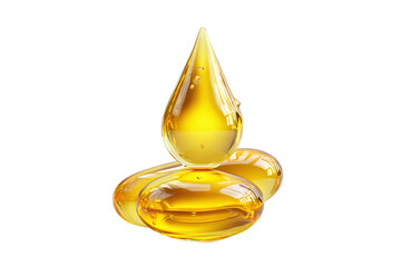Abstract golden yellow liquid drops stack, oil or honey, isolated on white transparent background