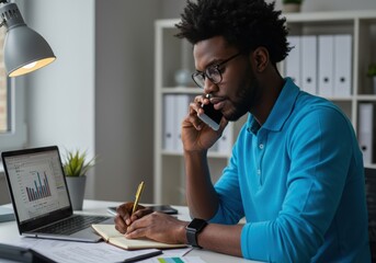 Focused african american man in blue shirt on phone call while working at desk with laptop and notebook