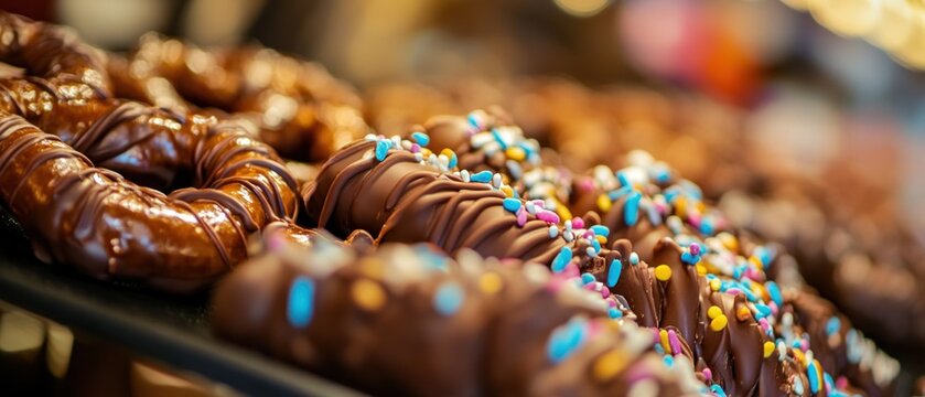 Chocolate covered pretzels and candies with sprinkles