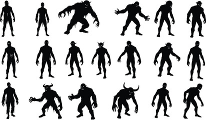 Dark monster silhouettes, scary creature figures, horror fantasy characters, mythical beasts, spooky humanoid shapes, demon shadows, gothic nightmare art design