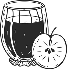 Refreshing apple juice in a glass with fresh apple slice hand drawn sketch isolated on transparent background