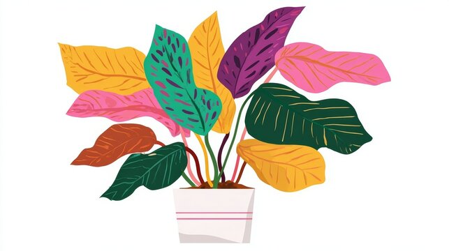 Fototapeta Colorful plant with pink, purple, green, orange, and yellow leaves in a white pot.