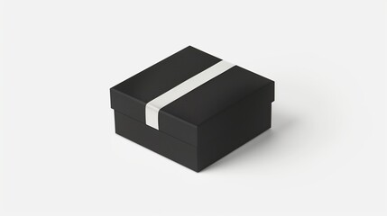 Sleek black square gift box with a white band on an isolated background
