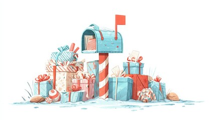 Festive mailbox with snow-covered gifts and packages in winter setting