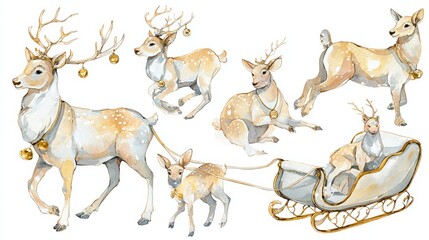 Watercolor deer and sleigh illustration with festive bells