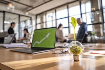 Green innovation in modern office with plant growing in light bulb, diverse team collaboration
