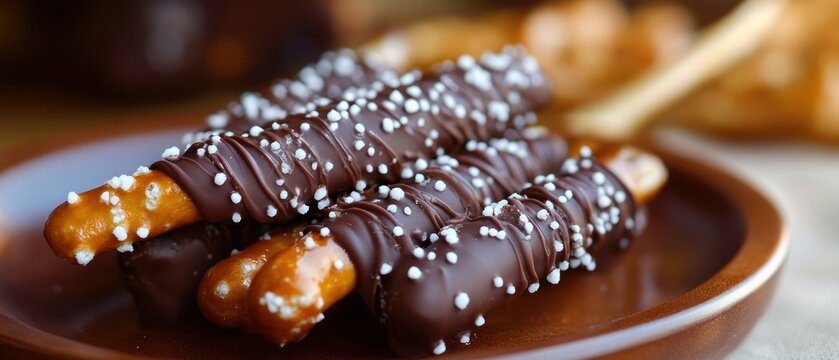 Chocolate covered pretzels with sugar crystals sweet dessert snack food photography