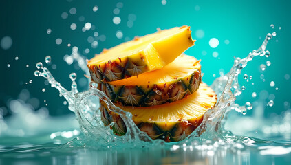 Juicy Pineapple Slices Splashing in Clear Water