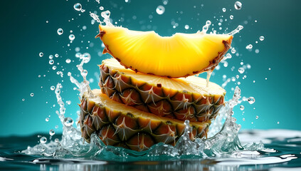 Fresh Pineapple Slices Splash Water Refreshing Summer Fruit