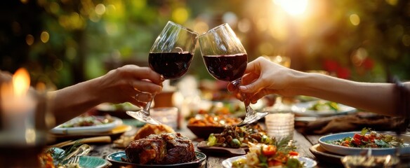 The Wine Glasses Clinking Over a Gourmet Outdoor Dinner at Sunset With Candlelight Ambience