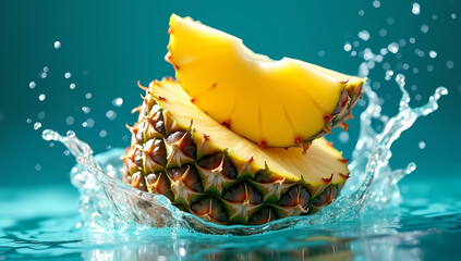 Fresh Pineapple Slices Splash Water Tropical Fruit