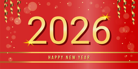 2026. Happy New Year. Red banner with golden numbers for 2026. Merry Christmas and a Happy New Year