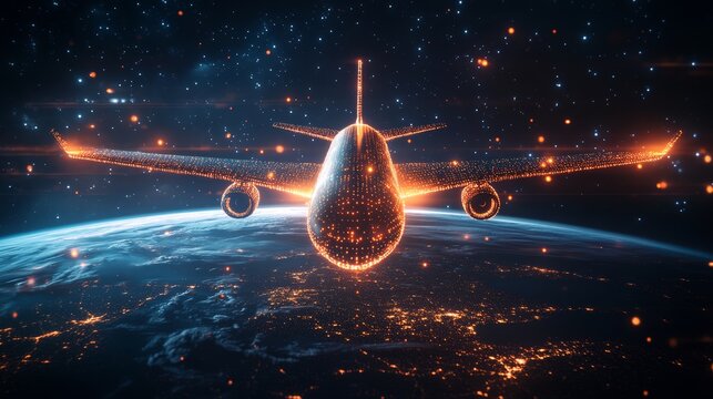 Front view of glowing holographic airplane above Earth, illuminated with orange lights, futuristic aviation and global travel technology concept with outer space background and high tech flight design
