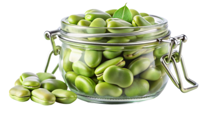 Fresh green fava beans packed tightly inside a clear glass jar with a metal clasp isolated on transparent background