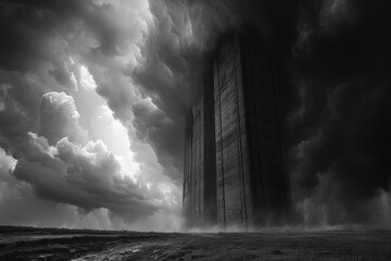 Tall building standing resilient in storm, black and white photo.