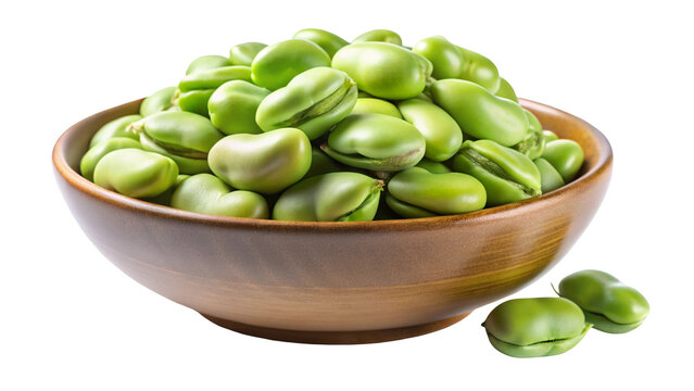 A rustic wooden bowl filled with fresh green fava beans and a few scattered beans isolated on transparent background