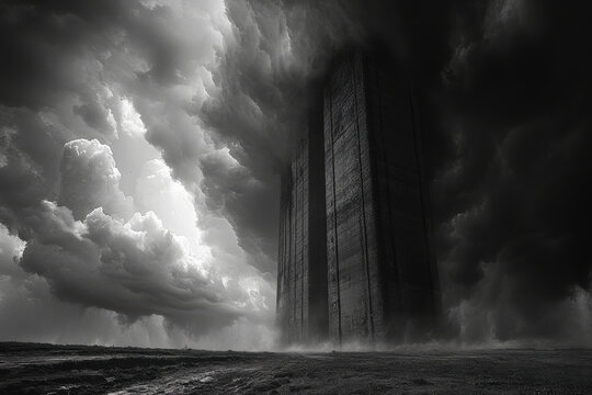 Tall building standing resilient in storm, black and white photo.