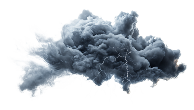 Ominous Thunderstorm Cloud with Jagged Lightning Bolts on Transparent Background dark cutout PNG isolated on a transparent background