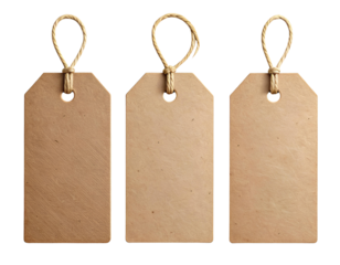 A flat lay top-down composition of three blank brown kraft paper tags arranged side b