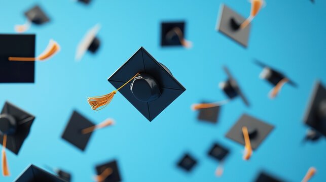 Graduation cap toss mockup, blue sky, celebratory moment, academic freedom 