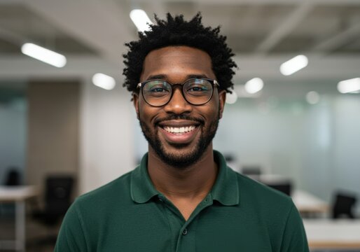 A smiling black man with glasses and a green polo shirt stands confidently in a modern office environment