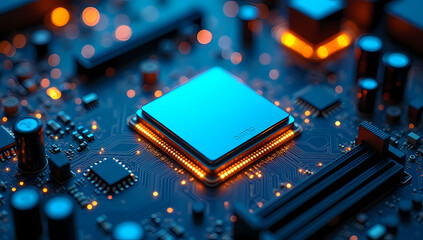 Central Microprocessor Unit on Advanced Circuit Board Technology Glowing