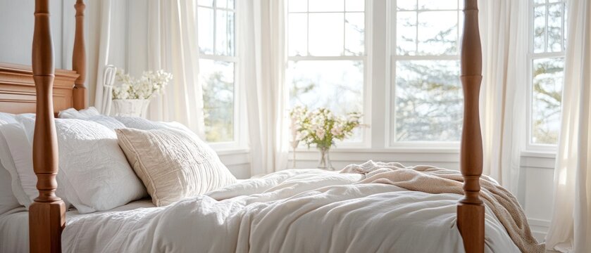Serene bedroom setting white linen bedding sunlight and wooden four poster bed
