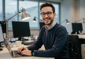 Smiling young professional man with glasses working on a laptop in a modern office setting with computers and lamps