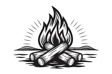 Black Woodcut Bonfire with Flames and White Background