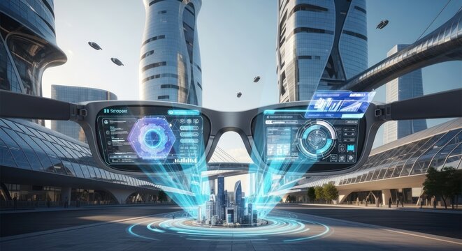 Futuristic City with Augmented Reality Glasses and Holographic Projections Transforming Urban Landscape - Powered by Adobe