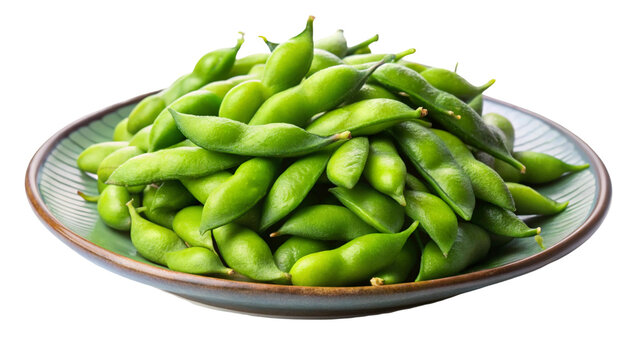 A pile of fresh green edamame pods in a bowl isolated on transparent background