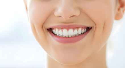 Fototapeta premium Close-up of a young woman smiling with perfect white teeth, bright natural light, isolated background, professional dental care concept, clean aesthetic.